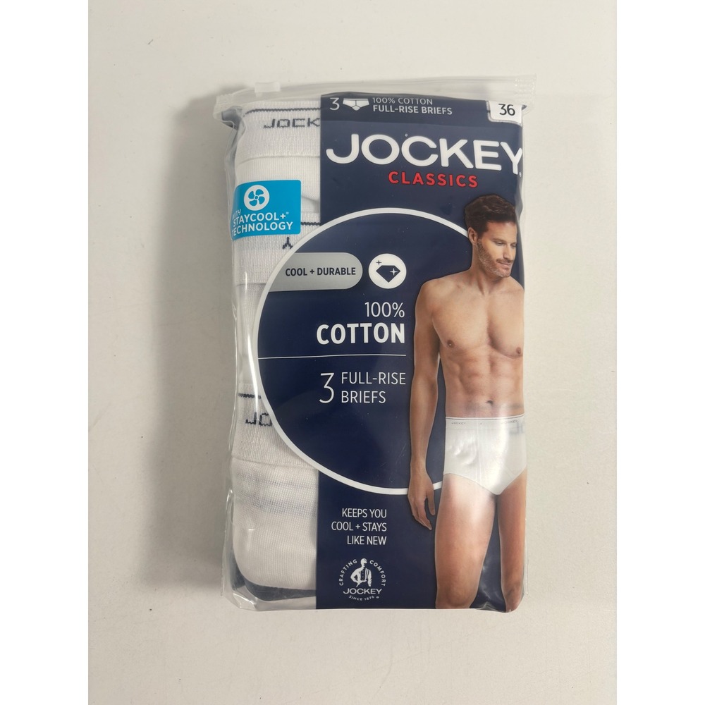 Jockey Classics Mens 3 Pack Full-Rise Briefs White 100% Cotton Size 36 9950/100